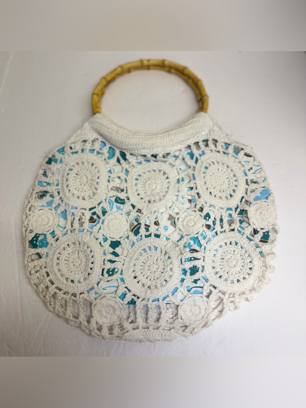 Lilu White Crochet Purse with teal and gray floral underlay Bamboo Handles.